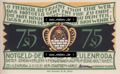 Notgeldscheine Zeulenroda, Stadt Notgeld 1921, 75 Pfennig Kriegsnot umbraust (1) Sammlung