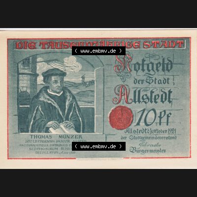 Notgeldscheine Allstedt, Stadt in Sachsen-Weimar-Eisenach Notgeld 1921, 10 Pfennig Thomas Münzer (1) Sammlung
