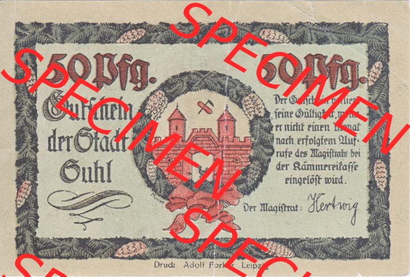 Notgeldscheine Suhl, Stadt in Provinz Sachsen Thüringen Notgeld 50 Pfennig Bach (1) Sammlung