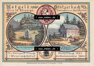 Notgeldscheine Stützerbach, Gemeinde in Sachsen-Weimar-Eisenach Notgeld 1921, Serie 2, 75 Pfennig Das Runkelrüben und Blaserohr... Sammlung