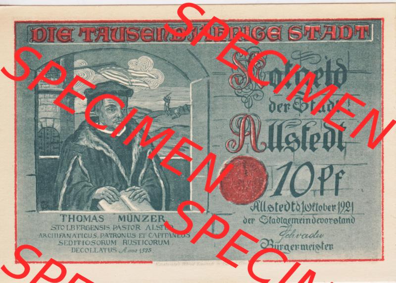 Notgeldscheine Allstedt, Stadt in Sachsen-Weimar-Eisenach Notgeld 1921, 10 Pfennig Thomas Münzer (1) Sammlung