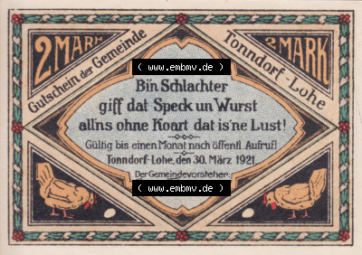 Notgeldscheine Tonndorf-Lohe, Gemeinde in Schleswig-Holstein Notgeld 1921, 2 Mark, Bin Schlachter giff dat Speck. un Wurst (1) Sammlung