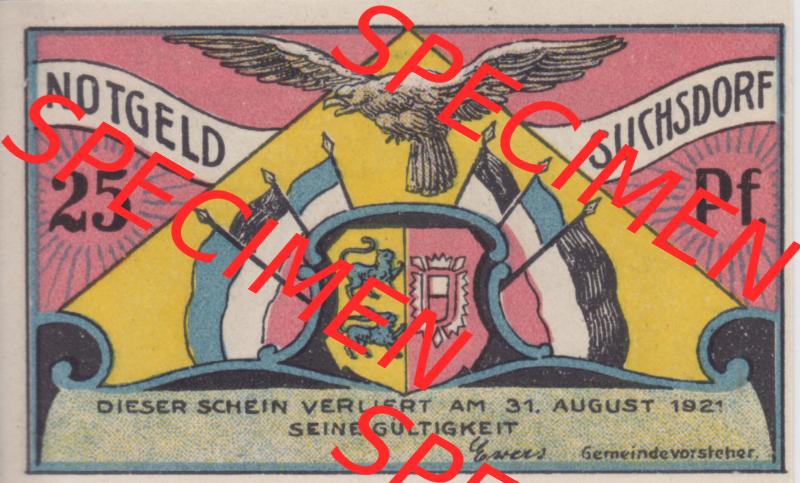 Notgeldscheine Suchsdorf, Gemeinde in Schleswig-Holstein Notgeld 1921, 25 Pfennig Gedenke dass du (1) Sammlung