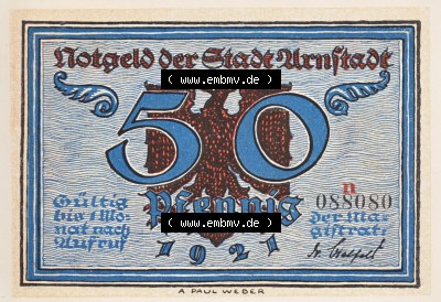 Notgeldscheine Arnstadt, Stadt 1921 50 Pfennig Bst n (1) Sammlung