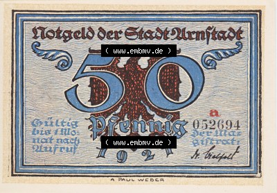 Notgeldscheine Arnstadt, Stadt 1921 50 Pfennig Bst a (1) Sammlung