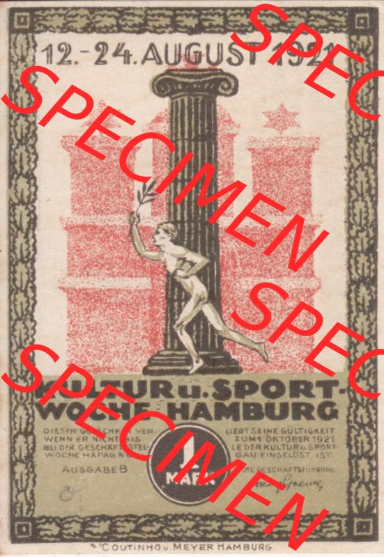 Notgeld Hamburg, Stadt in Land Hamburg, Serie Kultur- und Sportwoche Hamburg 1921b, Kultur Sportwoche 1 Mark (2). Deutsches Notgel Stadt Hamburg aus Land Hamburg im online... Sammlung
