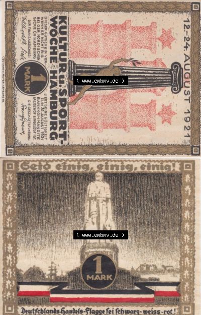 Notgeld Hamburg, Stadt in Land Hamburg, Serie Kultur- und Sportwoche Hamburg 1921a, Kultur Sportwoche, 1 Mark (3). Deutsches Notgel... Sammlung
