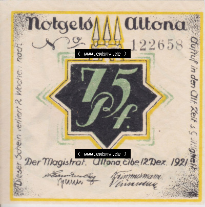 Notgeld Altona, Stadt in Land Hamburg, Männer-Serie 1921, 75 Pfennig I (1). Deutsches Notgel Altona, Stadt aus Land Hamburg im... Sammlung