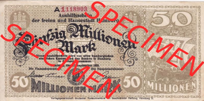 Notgeld Hamburg, Stadt in Land Hamburg, Großgeld 1923, 50 Fünfzig Millionen Mark (1). Deutsches Notgel Stadt Hamburg aus Land Hamburg im online Katalog zum... Sammlung