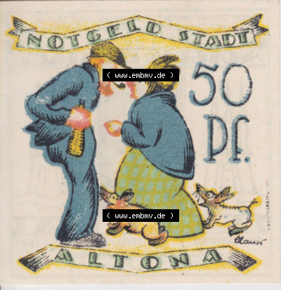 Notgeld Altona, Stadt in Land Hamburg, Männer-Serie 1921, 50 Pfennig I (2). Deutsches Notgel Altona, Stadt aus Land Hamburg im... Sammlung