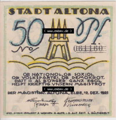 Notgeld Altona, Stadt in Land Hamburg, Männer-Serie 1921, 50 Pfennig II (1). Deutsches Notgel Altona, Stadt aus Land Hamburg... Sammlung