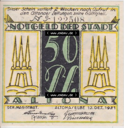 Notgeld Altona, Stadt in Land Hamburg, Männer-Serie 1921, 50 Pfennig I (1). Deutsches Notgel Altona, Stadt aus Land Hamburg im... Sammlung