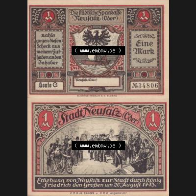 Notgeld Neusalz, Sparkasse in Schlesien 1 M. - Mark Konto G, Erhebung von Neusalz zur Stadt (3). Deutsches Notgeld Neusalz, Sparkasse aus Land Schlesien im online... Sammlung