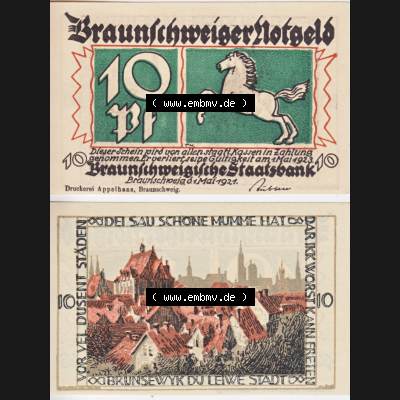 Notgeld Braunschweig, Staatsbank in Braunschweig 1921-1923, 10 Pfennig Dei Sau schöne Mumme hat (3). Deutsches Notgeld Braunschweiger Staatsbank aus Land Braunschweig... Sammlung