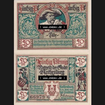 Notgeld Rothenburg ob der Tauber, Stadt in Bayern 1921, 50 Pfennig, Tilly (3). Deutsches Notgeld Rothenburg ob der Tauber, Stadt aus Land Bayern im online Katalog... Sammlung