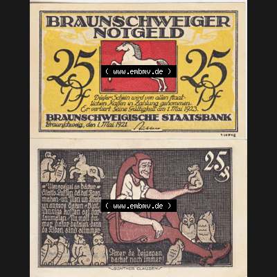 Notgeld Braunschweig, Staatsbank in Braunschweig 1921-1923, 25 Pfennig Eulenspiegel as Bäcker (3). Deutsches Notgeld Braunschweiger Staatsbank aus Land Braunschweig im... Sammlung
