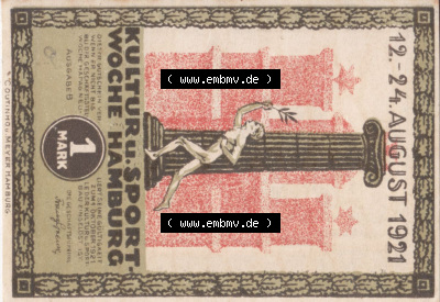 Notgeld Hamburg, Stadt in Land Hamburg, Serie Kultur- und Sportwoche Hamburg 1921b, Kultur Sportwoche 1 Mark (0). Deutsches Notgel... Sammlung