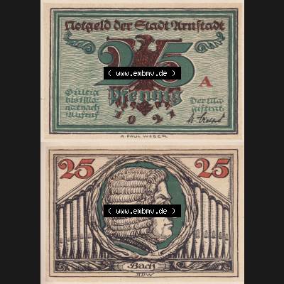 Notgeld Arnstadt, Stadt in Schwarzburg-Sondershausen 1921, Buchstabe A von Arnstadt (3). Deutsches Notgeld Arnstadt, Stadt aus Land Schwarzburg-Sondershausen im online... Sammlung