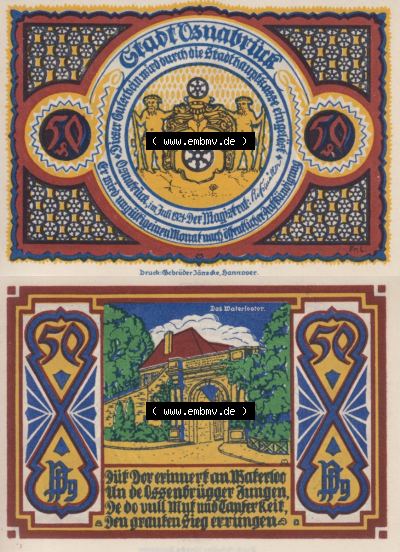 Notgeld Osnabrück, Stadt im Land Hannover 1921, 50 Pfennig, Das Waterlootor (3). Deutsches Notgeld Osnabrück, Stadt aus Land... Sammlung