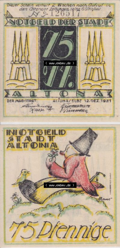 Notgeld Altona, Stadt in Land Hamburg, Männer-Serie 1921, 75 Pfennig II (3). Deutsches Notgel Altona, Stadt aus Land Hamburg... Sammlung