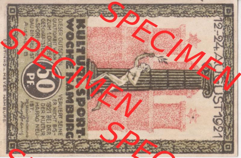 Notgeld Hamburg, Stadt in Land Hamburg, Serie Kultur- und Sportwoche Hamburg 1921b, Kultur Sportwoche 50 Pfennig (0). Deutsches Notgel Stadt Hamburg aus Land Hamburg... Sammlung