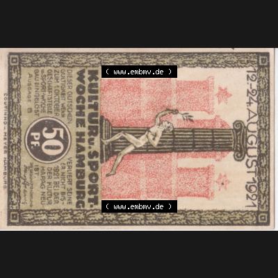 Notgeld Hamburg, Stadt in Land Hamburg, Serie Kultur- und Sportwoche Hamburg 1921b, Kultur Sportwoche 50 Pfennig (0). Deutsches Notgel Stadt Hamburg aus Land Hamburg... Sammlung