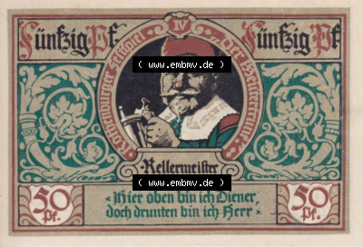 Notgeld Rothenburg ob der Tauber, Stadt in Bayern 1921, 50 Pfennig, Kellermeister (1). Deutsches Notgeld Rothenburg ob der Tauber,... Sammlung