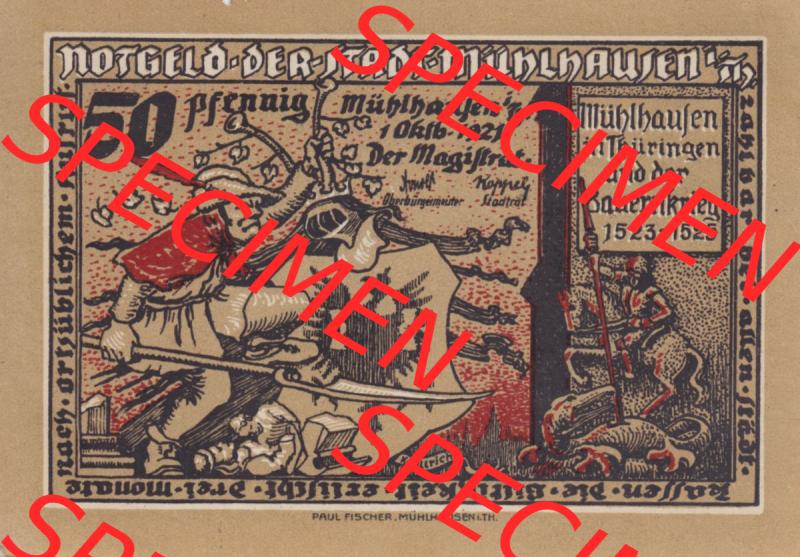 Notgeld Mühlhausen, Stadt in Sachsen-Thüringen 1921, 50 Pfennig E Die Sieger nahmen Rache (1). Deutsches Notgeld Mühlhausen, Stadt aus Land Sachsen-Thüringen... Sammlung
