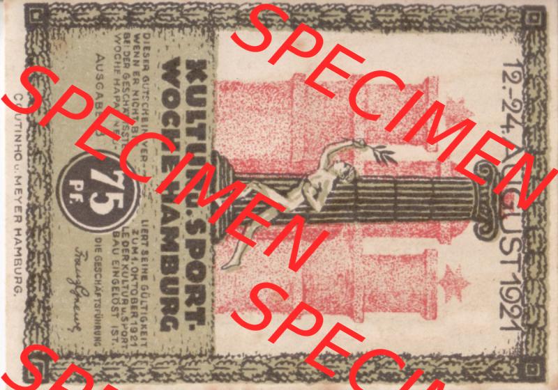Notgeld Hamburg, Stadt in Land Hamburg, Serie Kultur- und Sportwoche Hamburg 1921b, Kultur Sportwoche 75 Pfennig (0). Deutsches Notgel Stadt Hamburg aus Land Hamburg... Sammlung