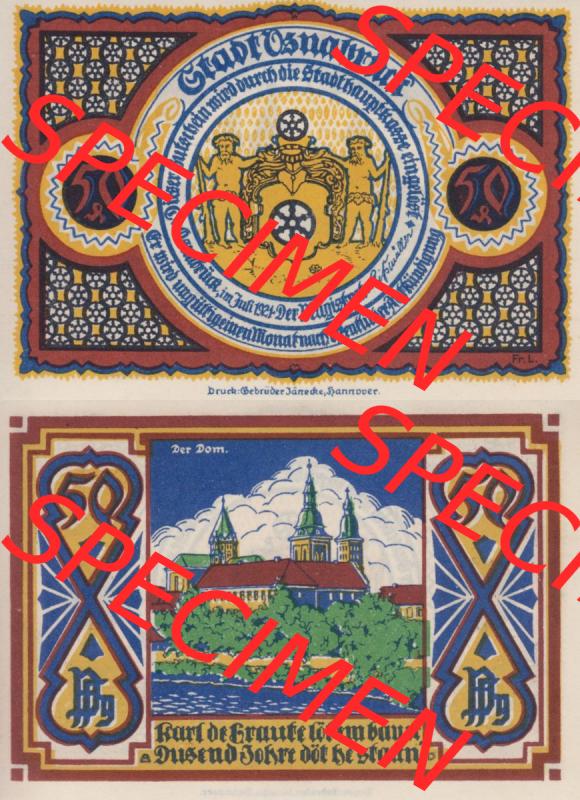 Notgeld Osnabrück, Stadt im Land Hannover 1921, 50 Pfennig, Der Dom von Osnabrück (3). Deutsches Notgeld Osnabrück, Stadt aus Land Hannover im online... Sammlung