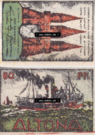 Notgeld Hamburg, Stadt in Land Hamburg, Altona Tropfen 1921, Hafen 60 Pfennig (3). Deutsches Notgel Stadt Hamburg aus Land Hamburg... Sammlung