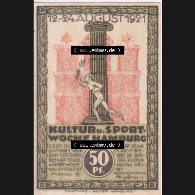 Notgeld Hamburg, Stadt in Land Hamburg, Serie Kultur- und Sportwoche Hamburg 1921b, Kultur Sportwoche 50 Pfennig (2). Deutsches Notgel Stadt Hamburg aus Land Hamburg... Sammlung