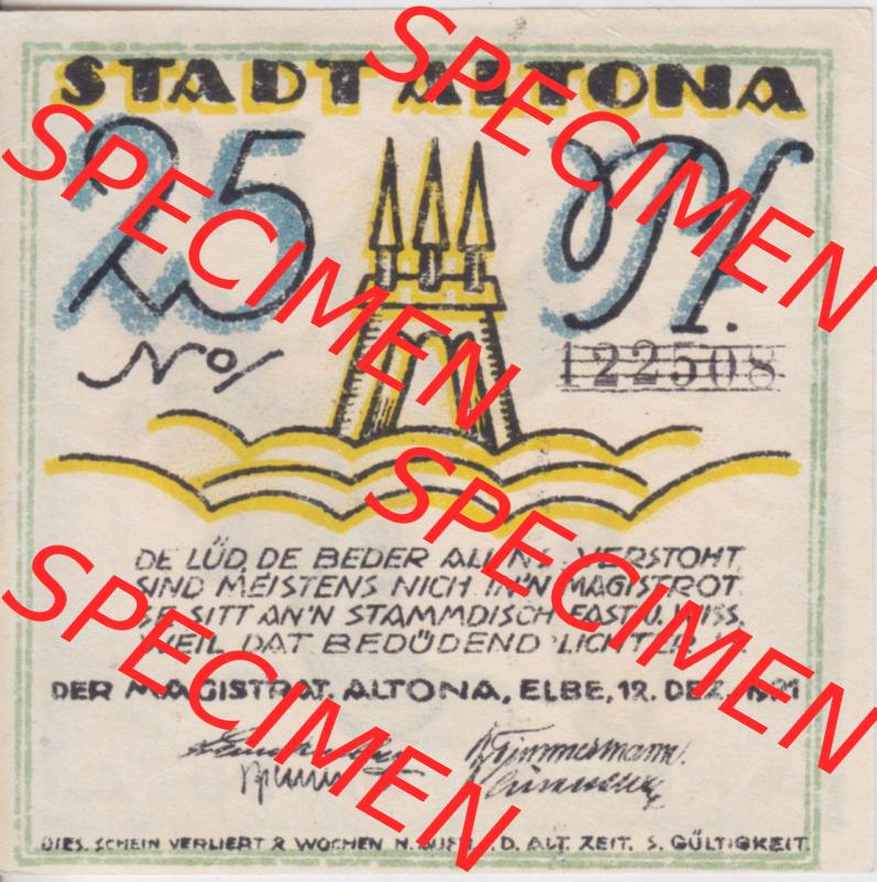 Notgeld Altona, Stadt in Land Hamburg, Männer-Serie 1921, 25 Pfennig I (1). Deutsches Notgel Altona, Stadt aus Land Hamburg im online Katalog zum katalogisieren,... Sammlung