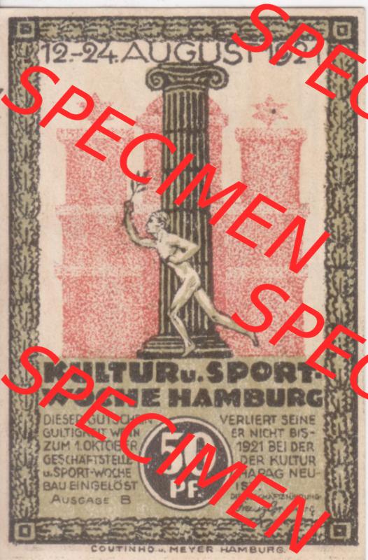 Notgeld Hamburg, Stadt in Land Hamburg, Serie Kultur- und Sportwoche Hamburg 1921b, Kultur Sportwoche 50 Pfennig (2). Deutsches Notgel Stadt Hamburg aus Land Hamburg... Sammlung