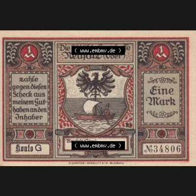 Notgeld Neusalz, Sparkasse in Schlesien 1 M. - Mark Konto G, Erhebung von Neusalz zur Stadt (1). Deutsches Notgeld Neusalz, Sparkasse aus Land Schlesien im online... Sammlung