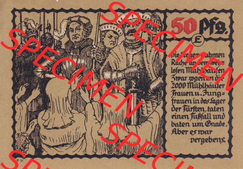 Notgeld Mühlhausen, Stadt in Sachsen-Thüringen 1921, 50 Pfennig E Die Sieger nahmen Rache (2). Deutsches Notgeld Mühlhausen, Stadt aus Land Sachsen-Thüringen... Sammlung
