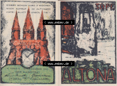 Notgeld Hamburg, Stadt in Land Hamburg, Altona Tropfen 1921, 30 Pfennig II (3). Deutsches Notgel Stadt Hamburg aus Land Hamburg... Sammlung