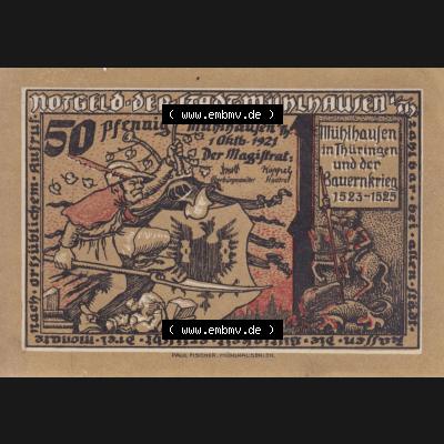 Notgeld Mühlhausen, Stadt in Sachsen-Thüringen 1921, 50 Pfennig F Münzer und Pfeifer (1). Deutsches Notgeld Mühlhausen, Stadt aus Land Sachsen-Thüringen... Sammlung