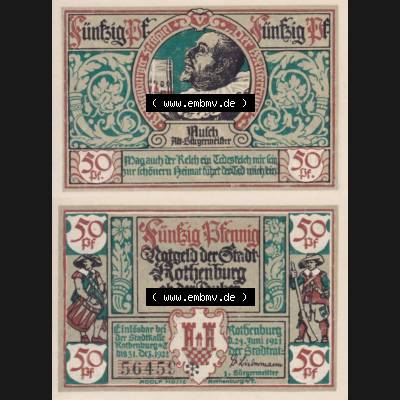 Notgeld Rothenburg ob der Tauber, Stadt in Bayern 1921, 50 Pfennig, Alt-Bürgermeister (3). Deutsches Notgeld Rothenburg ob der Tauber, Stadt aus Land Bayern... Sammlung