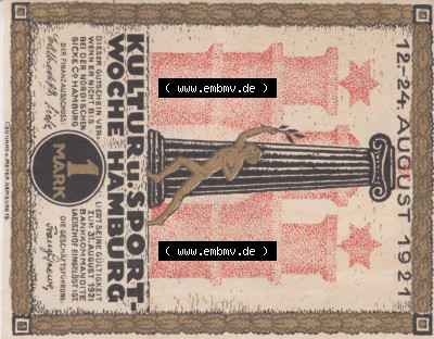 Notgeld Hamburg, Stadt in Land Hamburg, Serie Kultur- und Sportwoche Hamburg 1921a, Kultur Sportwoche, 1 Mark (0). Deutsches Notgel... Sammlung