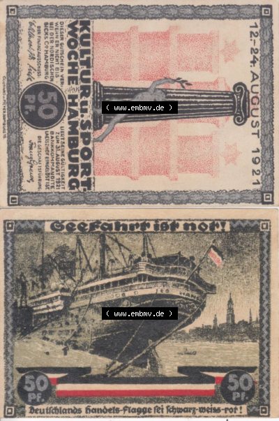 Notgeld Hamburg, Stadt in Land Hamburg, Serie Kultur- und Sportwoche Hamburg 1921a, Kultur Sportwoche 50 Pfennig (3). Deutsches... Sammlung