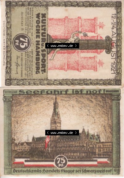 Notgeld Hamburg, Stadt in Land Hamburg, Serie Kultur- und Sportwoche Hamburg 1921b, Kultur Sportwoche 75 Pfennig (3). Deutsches... Sammlung