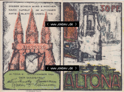 Notgeld Hamburg, Stadt in Land Hamburg, Altona Tropfen 1921, 30 Pfennig I. Hafen 30 Pfennig (3). Deutsches Notgel Stadt Hamburg... Sammlung