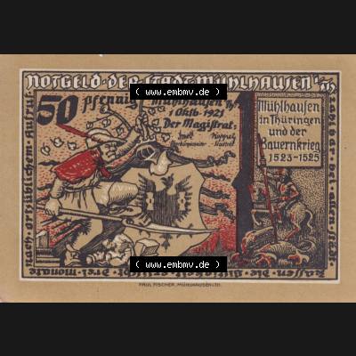 Notgeld Mühlhausen, Stadt in Sachsen-Thüringen 1921, 50 Pfennig E Die Sieger nahmen Rache (1). Deutsches Notgeld Mühlhausen, Stadt aus Land Sachsen-Thüringen... Sammlung
