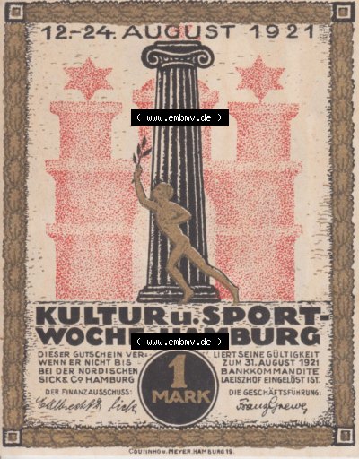 Notgeld Hamburg, Stadt in Land Hamburg, Serie Kultur- und Sportwoche Hamburg 1921a, Kultur Sportwoche, 1 Mark (1). Deutsches Notgel... Sammlung