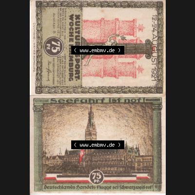 Notgeld Hamburg, Stadt in Land Hamburg, Serie Kultur- und Sportwoche Hamburg 1921b, Kultur Sportwoche 75 Pfennig (3). Deutsches Notgel Stadt Hamburg aus Land Hamburg... Sammlung