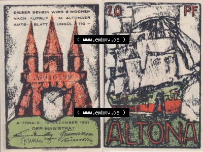 Notgeld Hamburg, Stadt in Land Hamburg, Altona Tropfen 1921, Hafen 20 Pfennig (3). Deutsches Notgel Stadt Hamburg aus Land Hamburg... Sammlung
