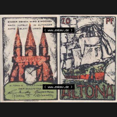 Notgeld Hamburg, Stadt in Land Hamburg, Altona Tropfen 1921, Hafen 20 Pfennig (3). Deutsches Notgel Stadt Hamburg aus Land Hamburg im online Katalog zum katalogisieren,... Sammlung