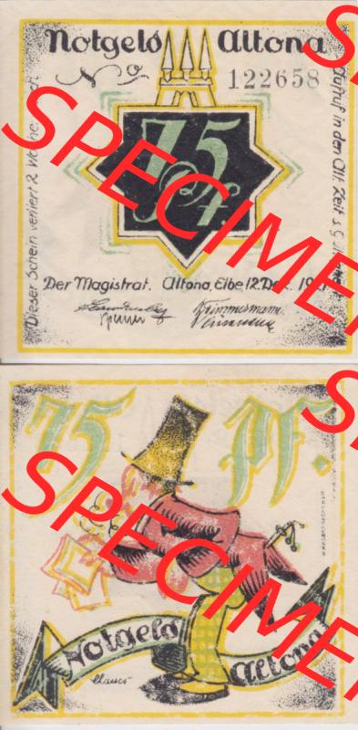 Notgeld Altona, Stadt in Land Hamburg, Männer-Serie 1921, 75 Pfennig I (3). Deutsches Notgel Altona, Stadt aus Land Hamburg im online Katalog zum katalogisieren,... Sammlung