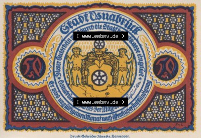 Notgeld Osnabrück, Stadt im Land Hannover 1921, 50 Pfennig, Das Waterlootor (1). Deutsches Notgeld Osnabrück, Stadt aus Land... Sammlung